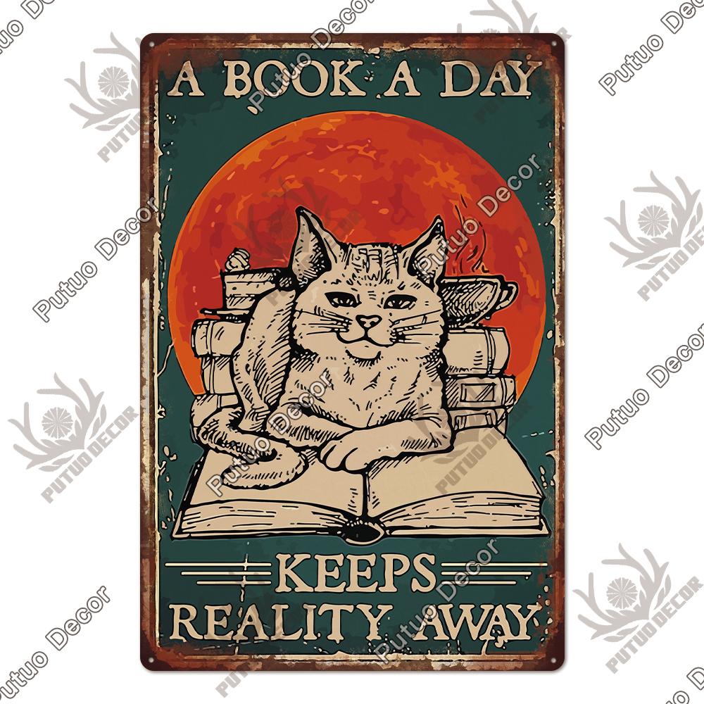 Putuo Decor Black Funny Cat Metal Sign Vintage Plaque Metal Retro Animals Tin Poster for Living Room Home Decoration Wall Decor