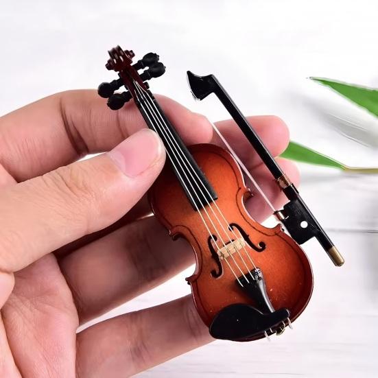 Wooden Mini Violin Model with Stand Playable Tiny Violin Figurine Miniature Musical Instrument Ornament Home Office Desktop Decoration