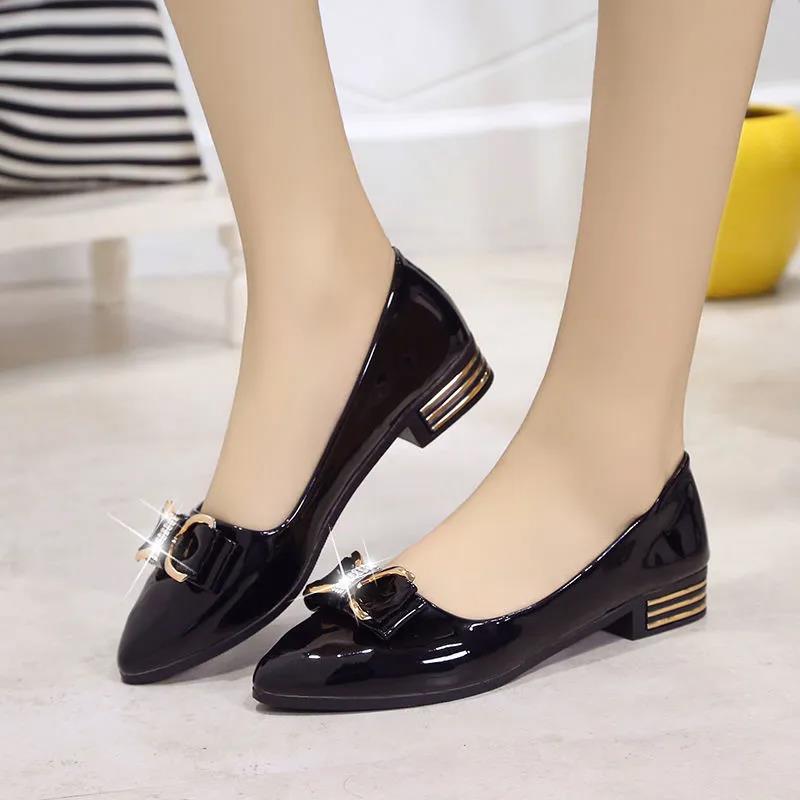 

Женские кожаные туфли большого размера на весну и лето, однотонные кожаные туфли на низком каблуке с бантом и блестками, повседневные туфли без шнуровки 35 чёрный