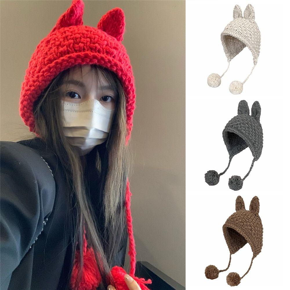 Hand-crocheted Y2k Knitted Hat New Design Ear Protection Hat Fashion Rabbit Ear Knit Hat  Girls