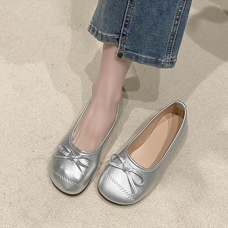 2025 summer new retro gentle ballet flats bow shallow mouth single shoes large size soft sole beanie shoes women