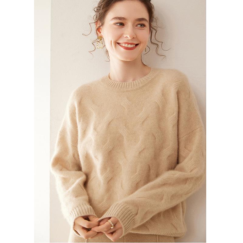 2025 Autumn/Winter Women's Soft Cashmere Round Neck Cable Knit Sweater - Korean Style