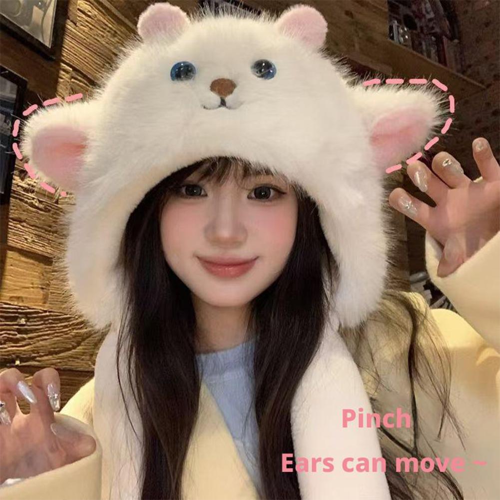 Fluffy Plush Ear Moving Jumping Hat, Cute Cartoon Anime Sheep Jumping Ear Beanie Hats for Women Girls Thickened Earflap Snow Hat