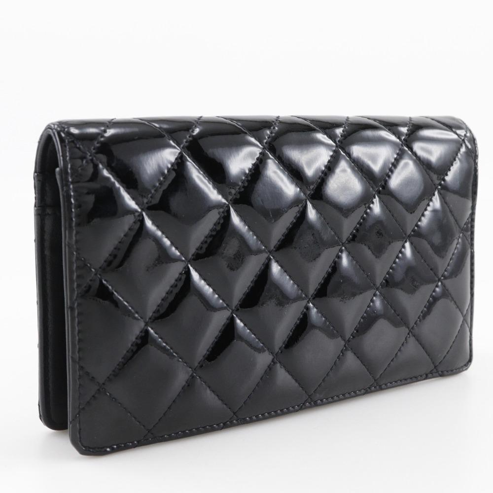 Chanel Matelasse Brilliant Purse A48691 Two-fold Long Wallet Black Enamel Women Used