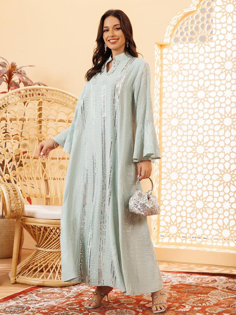 Elegant Sequin Embroidered Muslim Women's Robe - Middle Eastern Style Long Dress