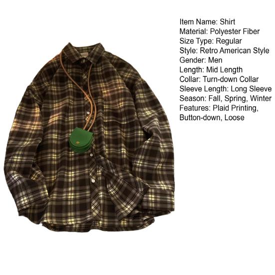Frühlings- und Herbsthemd für Herren, Umlegekragen, karierter Druck, lockerer Button-Down-Stil, Retro-Stil, langärmeliges Streetwear-Oberteil im amerikanischen Stil für Reisen und den täglichen Gebrauch