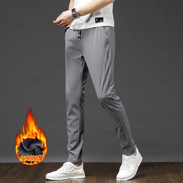 Autumn And Winter New Style With Plush Thickening/Regular Men'S Sports Elastic Waist Casual Pants Straight Leg Small Leg Pants Warm Elastic Slim