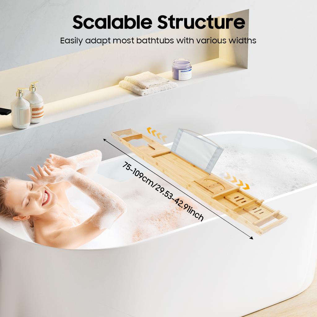 Extendable Bamboo Bathtub Tray Retractable Bathtub Shelf with Soap Box Single Box Waterproof Fabric for Bathroom