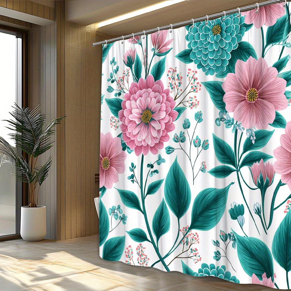 1pc flower pattern leaf bud white background retro shower curtain, polyester fabric, machine wash, suitable for bathroom