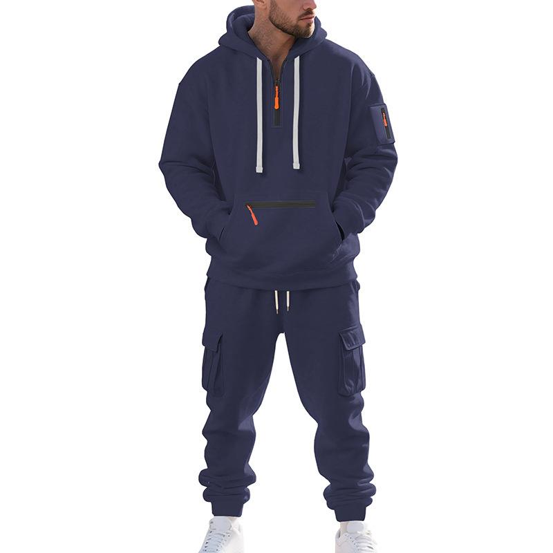 Mens Warm Thick Multiple Pockets Hooded Sweatshirt And Cuffed Sweatpants Two Piece Sports Set