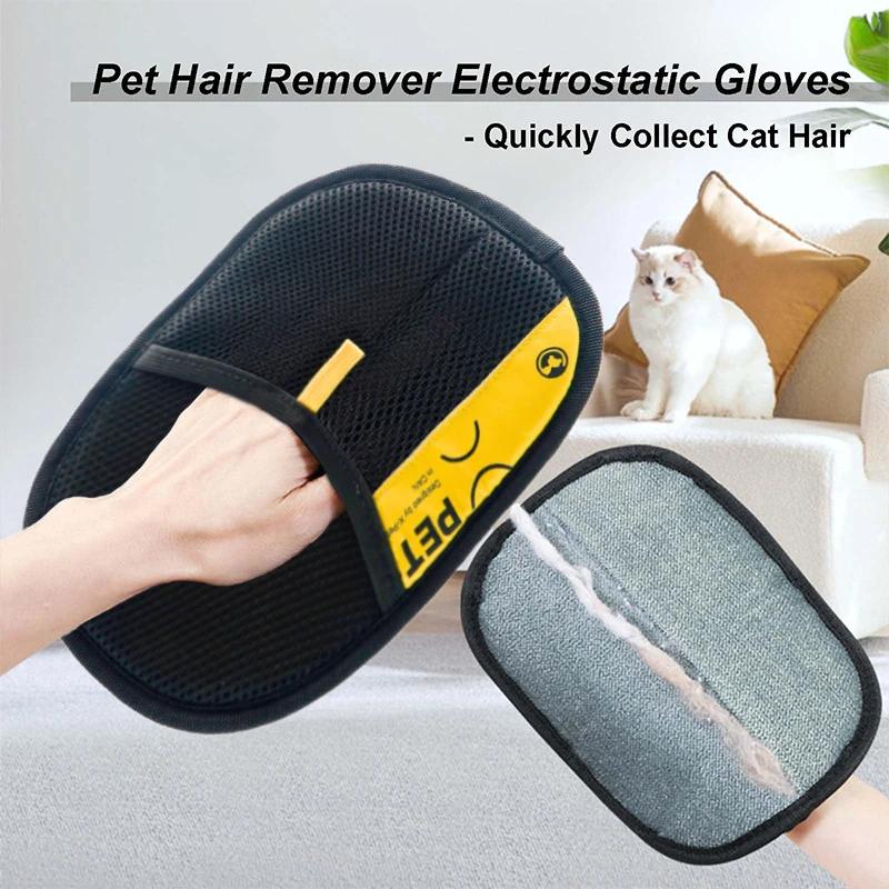 Pet Hair Remover Gloves Electrostatic For Cats Dogs, Reusable Washable Grooming Glove With 2-In-1 Lint Roller Brush - Safe Non-T