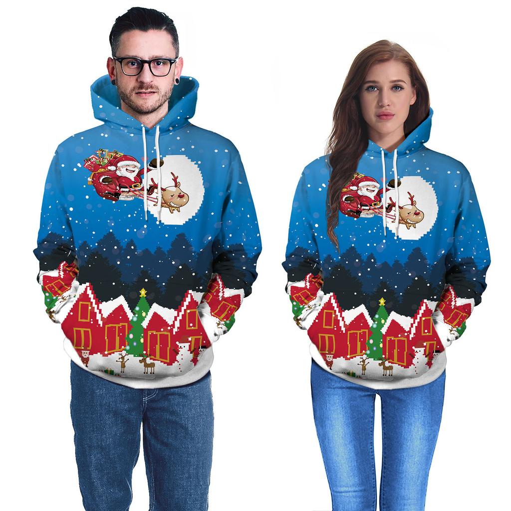 New Christmas Clothing Santa Claus Blue Digital Printing Hoodie Sweater Women