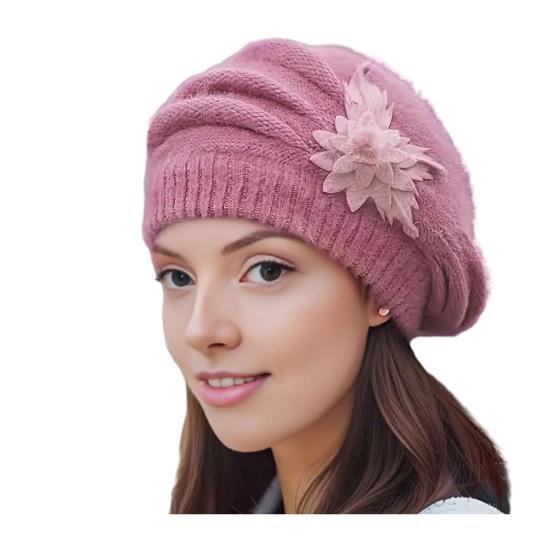 

Женский берет шляпа винтажный французский стиль шерстяной берет двухслойный утолщенный зимний вязаный головной убор для женщин розовый