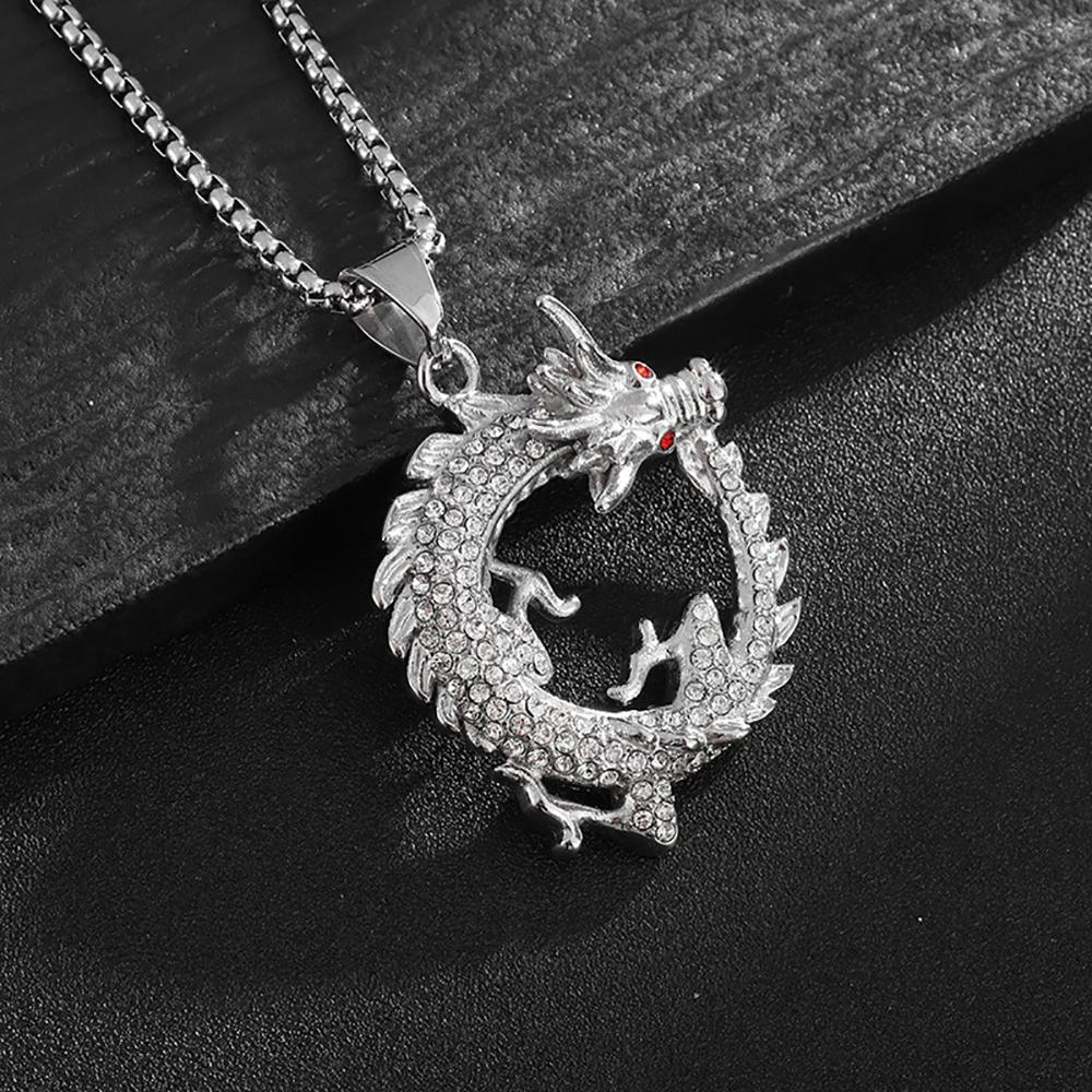 Fashion Hip Hop Bling Iced Out Dragon Round Pendant Necklace for Men Women Stainless Steel Rapper Jewelry Oriental Amulet Gift