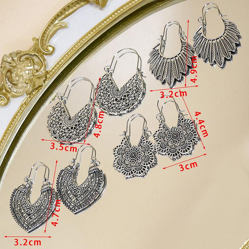 Vintage Drop Earrings For Women Ethnic Gypsy Geometric Hollow Carved Flower Leaf Jewelry Antique Silver Color Fashion Earrings