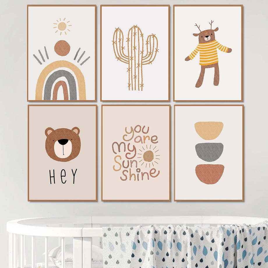 Pepinieră Boho Wall Art Poster Print Sun Rainbow ABC Urs Pânză Picturi Decorare Copii Dormitor Poze de perete Decorare Artă