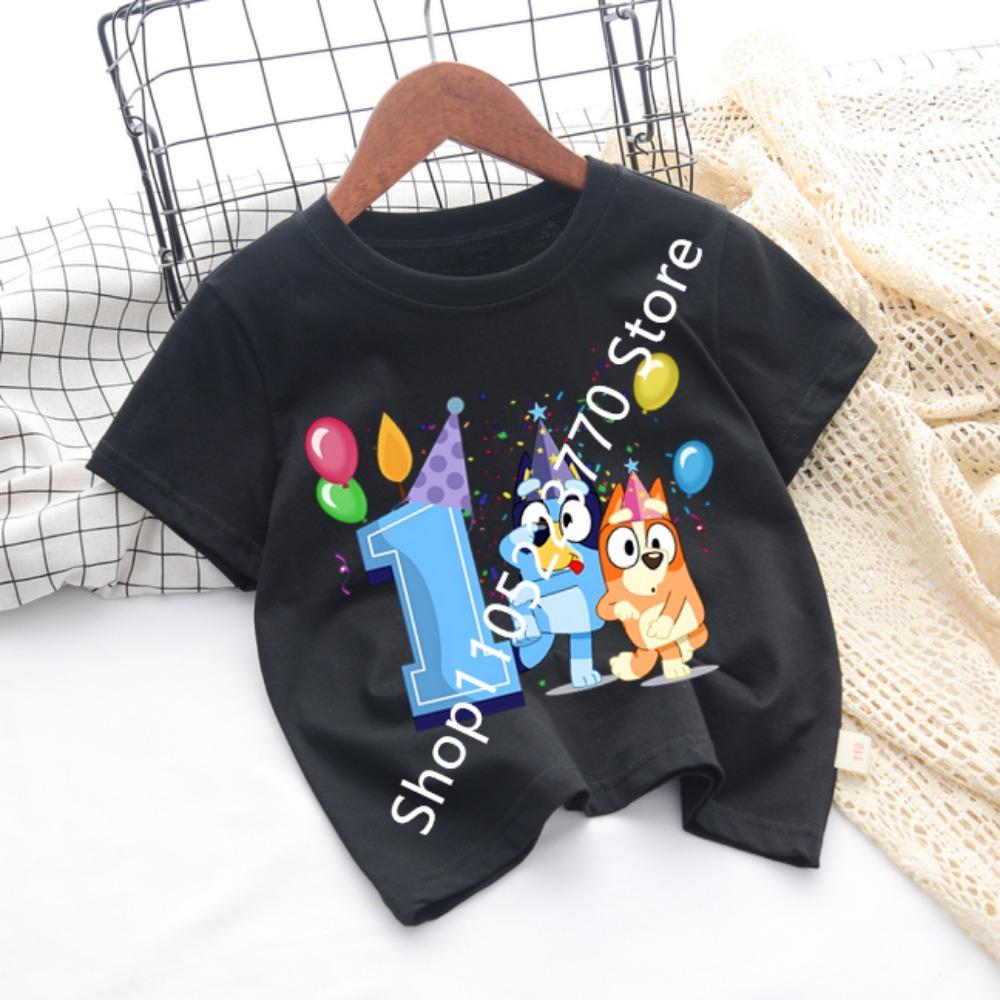 Bluey Baby Birthday T Shirt for Boys Girl Bingo Number Kids Clothes Summer Cartoon Letter Tees Shirts Toddler Short Sleeve Tops