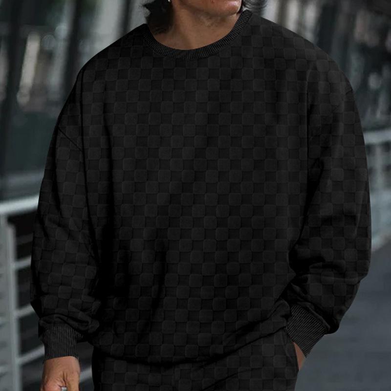 Men's Autumn and Winter Heavy Jacquard Checkerboard Checkerboard T-shirt Men's T-shirt Round Neck Casual Bottoming Shirt Knitted Long-sleeved T-shirt