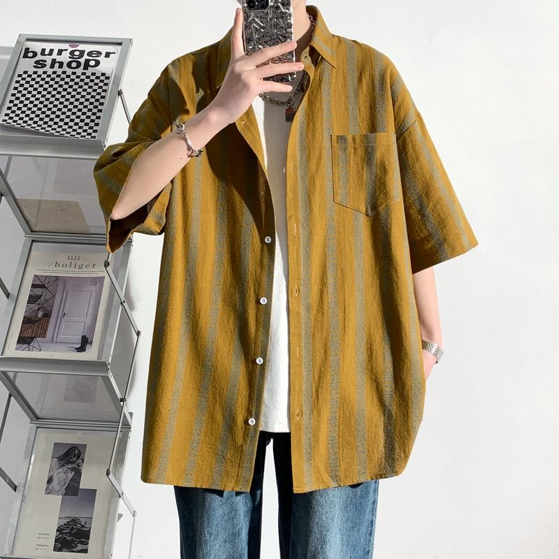 

Striped Short-sleeved Shirt Men Summer Ice Silk Loose Hawaiian Flower Loose Versatile Cardigan L чорний