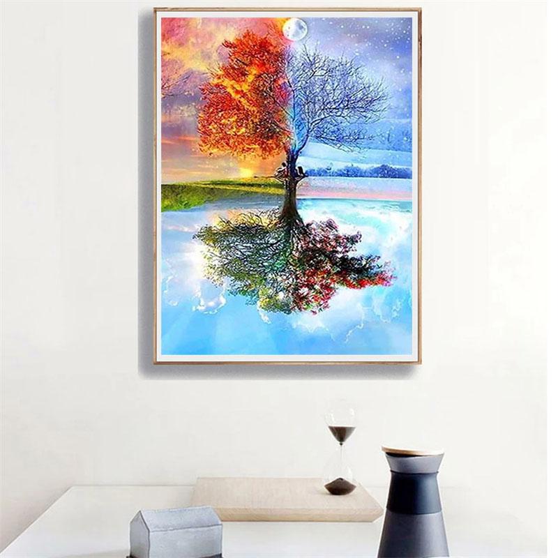 Pictură cu diamant DIY, copac în patru anotimpuri, kit cu punct de cruce, artă mozaic, pictură cu diamant, cerc complet/pătrat, decorare a casei cu diamant