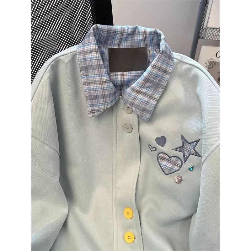 Star Contrasting Women's Hoodie Plaid Lapel Colored Button Sweatshirt Jacket Korean Casual Female Loose Long Sleeved Top