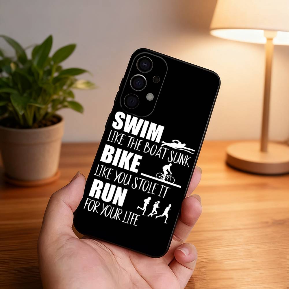 Custodia per Telefono Triathlon Nuoto Bici Corsa Per Samsung S25,S24,S21,S22,S23,S30,Ultra,S20,Plus,Fe,Lite,5G Cover Nera
