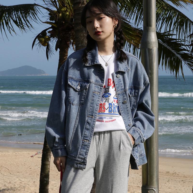 

Женская джинсовая куртка в американском ретро-стиле - Рубашка-кардиган с длинным рукавом свободного кроя, Маленький повседневный джинсовый топ Extra Large синий