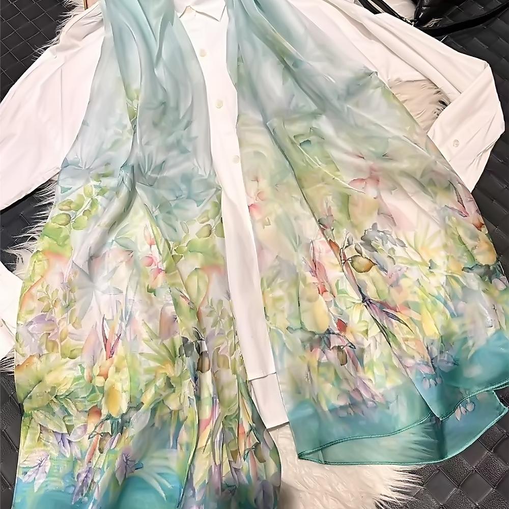 Blue Green 100% Silk Shawl Scarf Women Fashion New Floral Design Long Scarves Wraps Summer Chiffon Beach Scarf Wrap 180*110Cm
