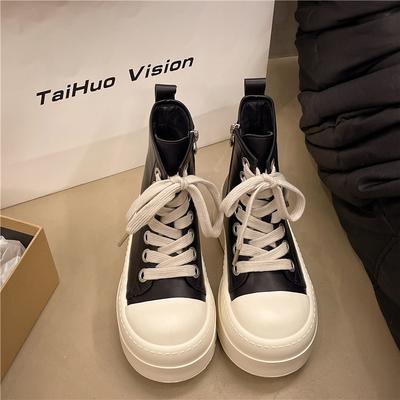 Muffin Shoes Small Trendy Round Head Black and White High Top Heightening Thick Sole Fashion Women's Board Shoes Casual Velvet Big Head