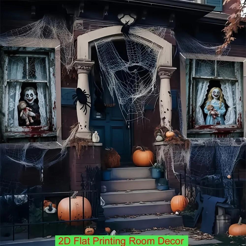 2PCS 2D Flat Scary Halloween Window Cover Super Terrifying Blood-Themed Scary Halloween Backdrops Polyester Fiber