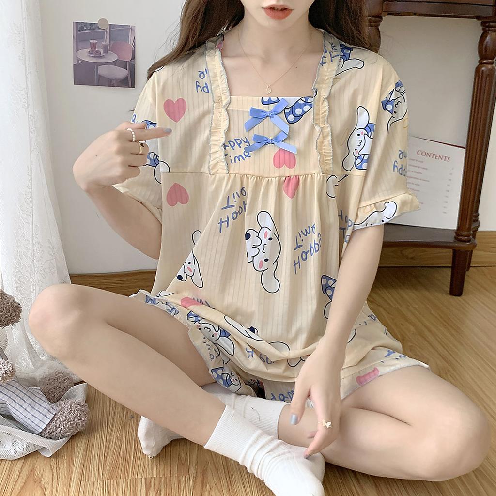 Summer Ice Silk Short Sleeved Set, Oversized Casual Pajamas, Women's Summer Home Clothing, Comfortable and Loose