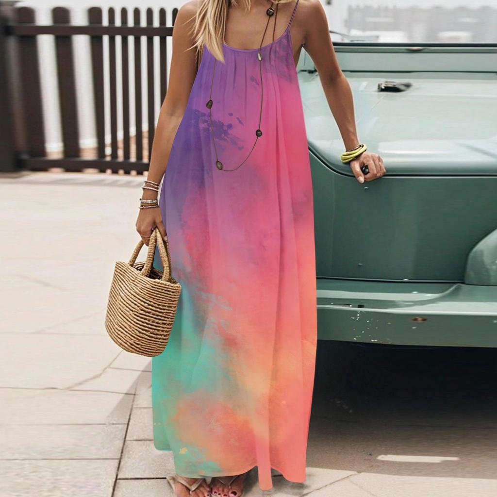 Dámské Módní Ležérní Volné Šaty s Květinovým Potiskem a Úzkými Ramínky Bez Zad