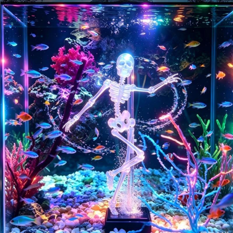 1Pcs Dancing Skeleton Aquarium Bubbler Unique 3D Printed Plastic Skull Ornament for Fish Tank Landscaping