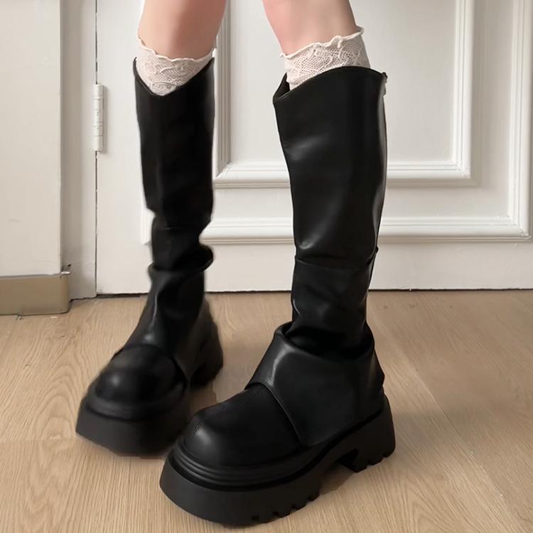 

V-mouth long boots women s spring and autumn small thick-soled knee-length boots retro trousers stacked high knight boots 35 чёрный