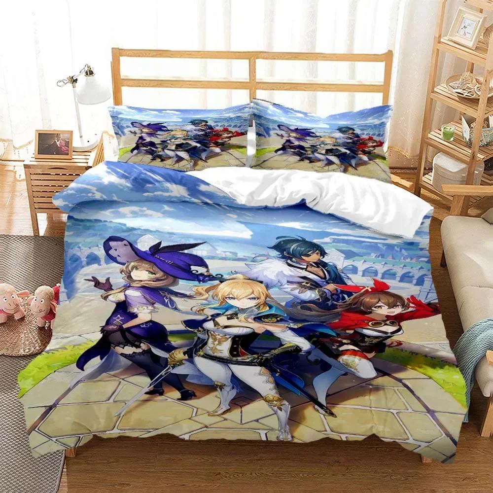 Genshin Impact Digital Comfortable Duvet Quilt Cover Pillowcase Bedding Set Children Bedroom Decoration Home Textile