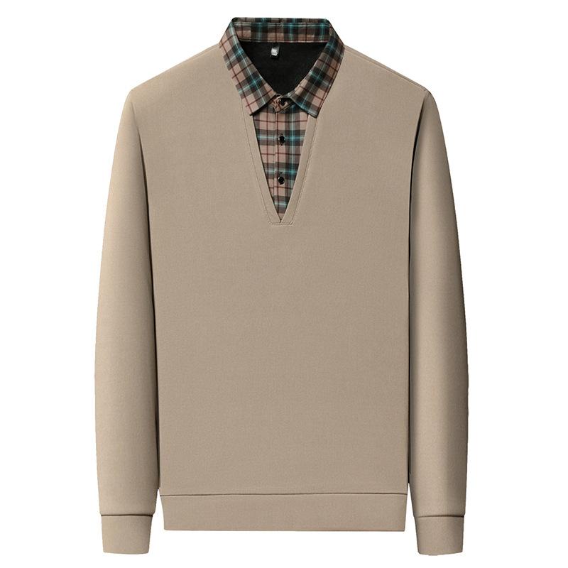 Business T-Shirt Match Plaid Men'S Shirt Collar Long-Sleeved Polo Shirt Fake Two-Piece Knitted Bottoming Shirt