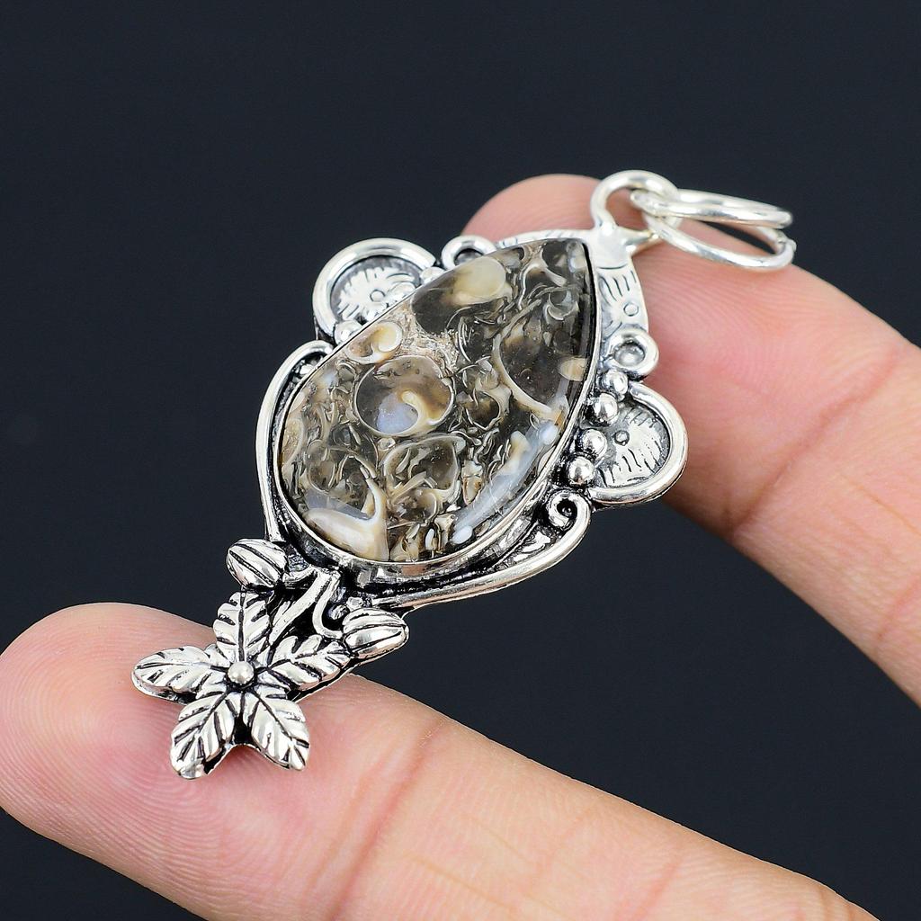 925 Sterling Silver Turritella Agate Gemstone Elegant Flower New Pendant Jewelry