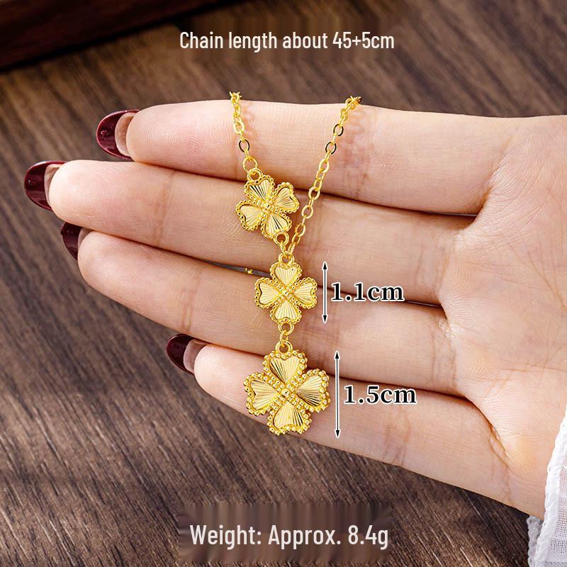 Vietnam Gold-Plated Clover Necklace, Ring & Five-Flower Bracelet Set