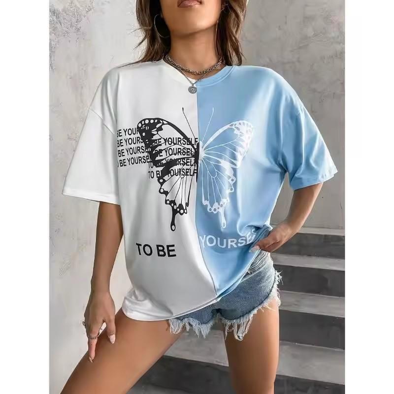 

Women s 3D Butterfly Color Splicing Printed T-shirt Oversized Round Neck Harajuku T-shirt Short-sleeved Casual Street S