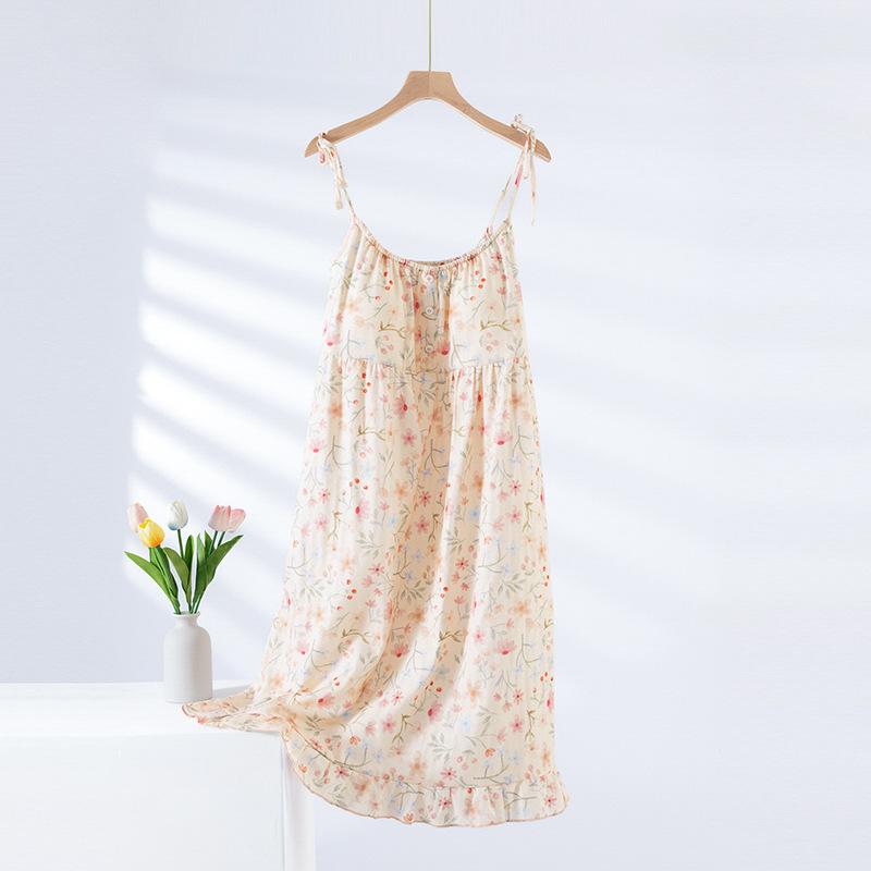 2026 Nueva Falda de Dormir de Verano para Mujer 100% Algodón Sin Sujetador Tirantes Finos Estampado Floral Grande Vestido de Verano Ropa de Dormir Mujer