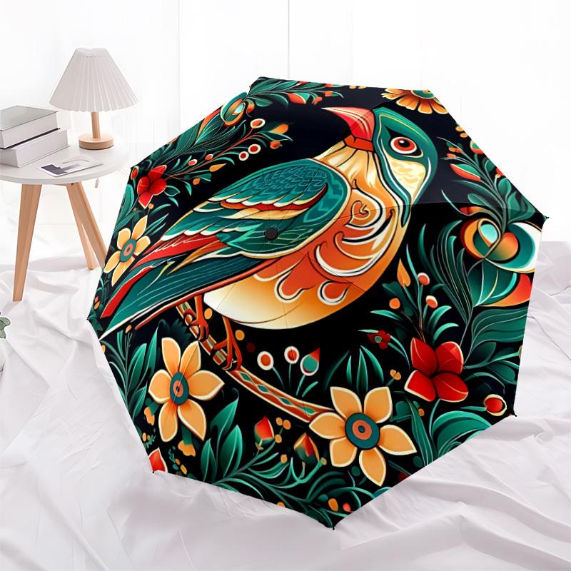 1pc Floral Bird Automatic Folding Umbrella Compact Lightweight Travel Umbrella with 8-Rib Sturdy Frame, Windproof & Self014