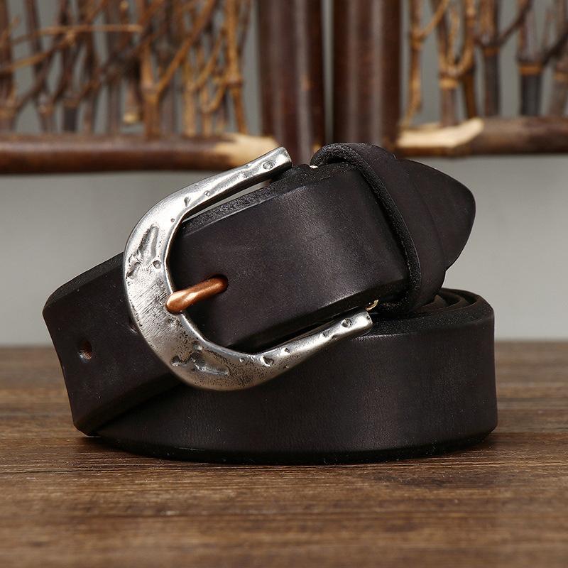 Men's Leather Belt Amekaji American Retro Manual Thickened First Layer Cowhide Stainless Steel Buckle Genuine Leather Belt Men's