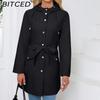 BITCED Women's Spring/Autumn Hooded Water-Resistant Jacket with Belted Waist Lightweight Casual Oversized Trench Coat