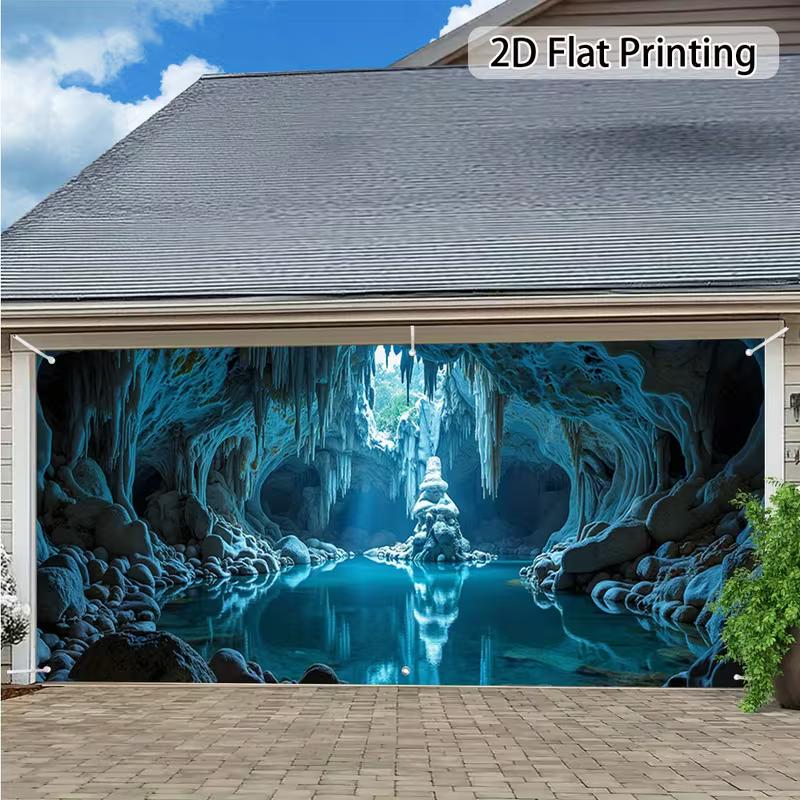 2D Mystical Cave with Lake Garage Door Banner, 2D Flat Printing Crystal Cave Background