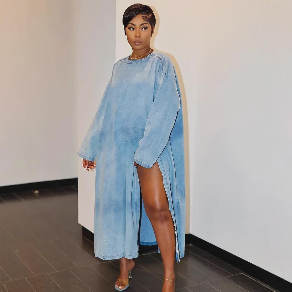 

Women s Denim Long-Sleeve Slit Dress - Autumn/Winter Fashion L синій
