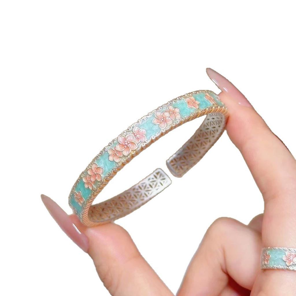 Enamel Color Gold-painted Begonia Flower Enamel Bracelet Girls Hibiscus Banquet Bracelet Versatile New Chinese Ancient Style Opening