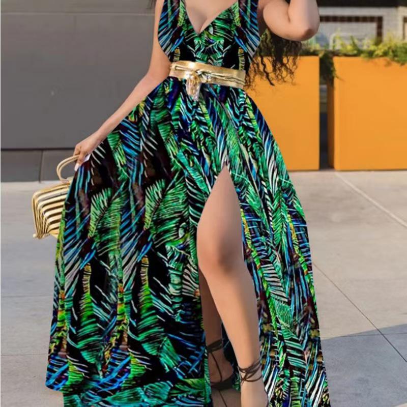 

Elegant Sleeveless Printed Mid-Waist Dress with Sexy Slit and Large Hem M зелёный