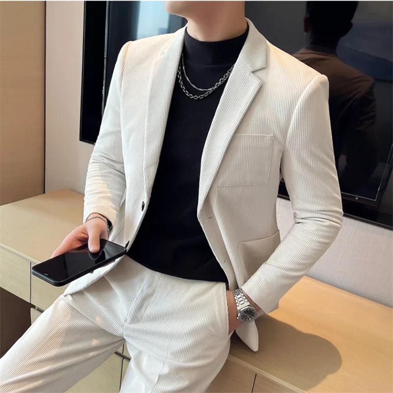 Autumn Winter Corduroy Men Suit Wedding Party 2Pcs Sets Blazer+Pants