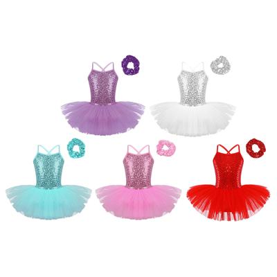 Kids Girls Ballet Dance Dresss Sequined Tutu Dress with Hair Tie Headwear Dance Performance Leotard Skirt