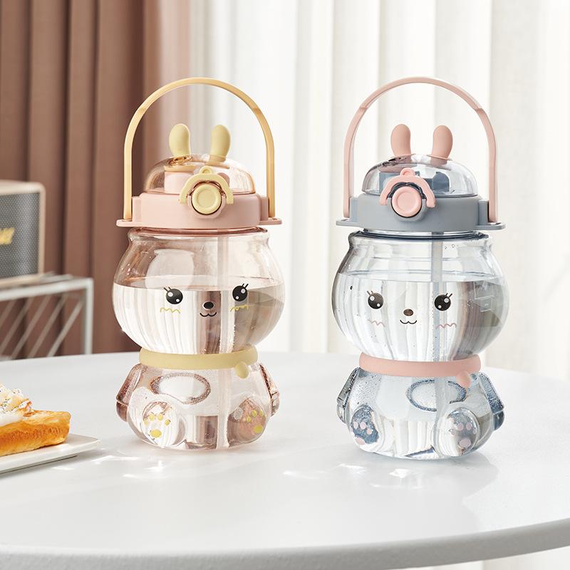 Charming Children Rabbit Double Drinking Cup Kindergarten Student Portable Strap Straw Cup Girls Plastic Water Cup